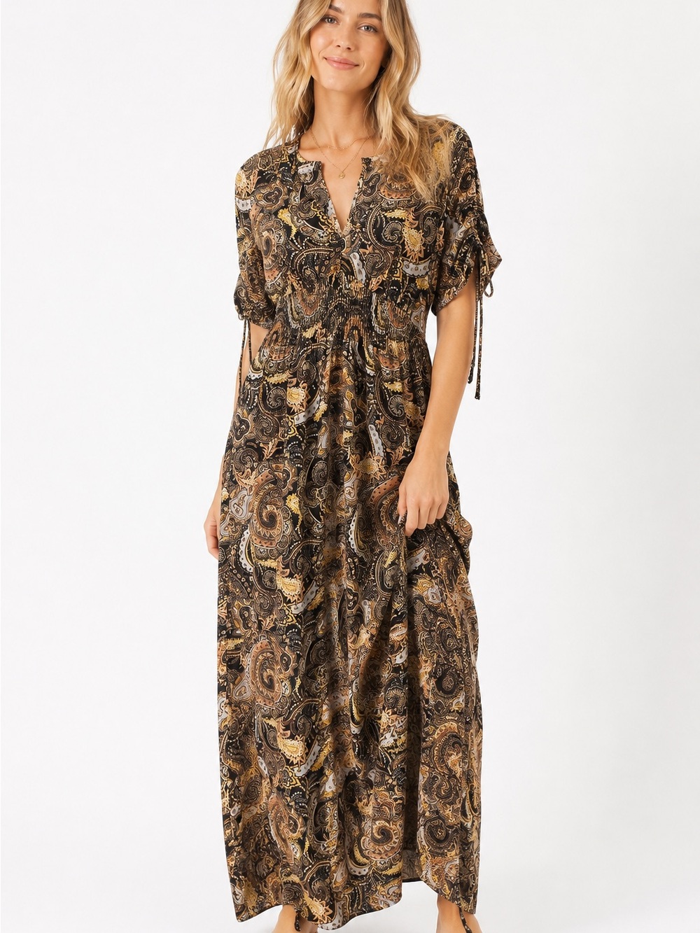 Bar III Desert Oasis Paisley Maxi Dress Black Brown Smocked Waist New Large Boho
